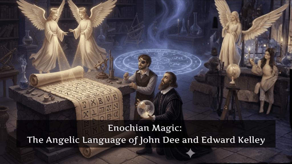 Enochian alphabet table from John Dee’s manuscripts – Enochian Magic symbols” / “Enochian tablet showing the 49×49 grid of the angelic language – ceremonial magic