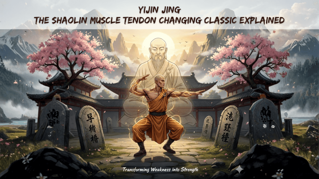 Shaolin Monk Practicing Yijin Jing Stance Outdoors