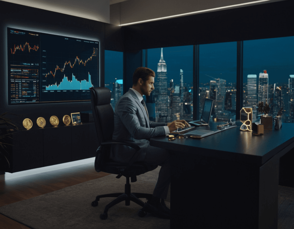 A modern and sophisticated financial workspace featuring a glowing digital screen displaying stock market trends